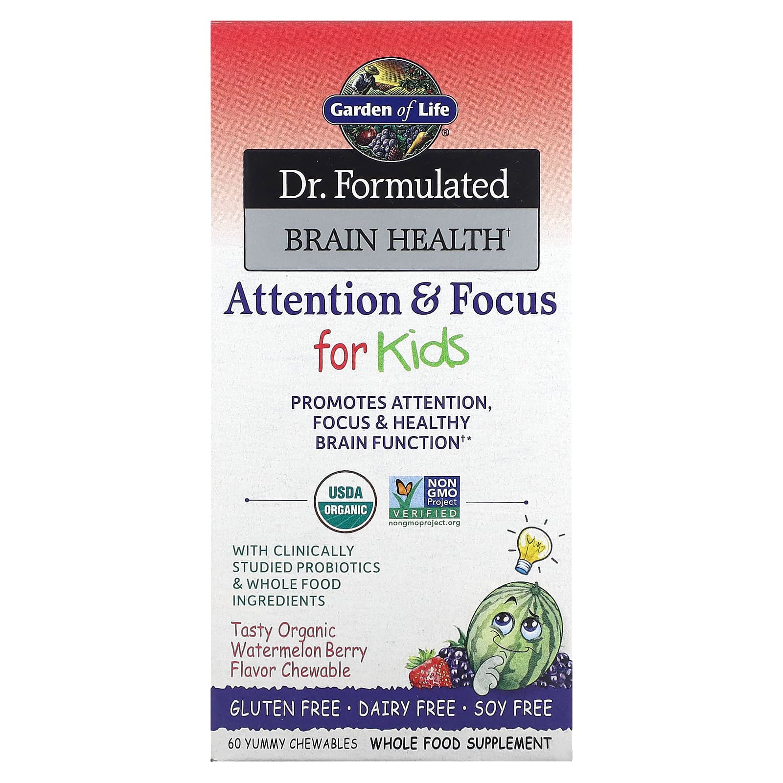 Garden of Life, Dr. Formulated Brain Health Organic Attention/Focus Kids, 60 Chewables UPC 658010120715 | HiLife Vitamins